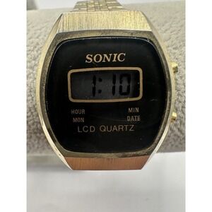 Sonic Digital Womens Watch‎ Vintage Gold Tone LCD New Battery 26MM 6.5" V